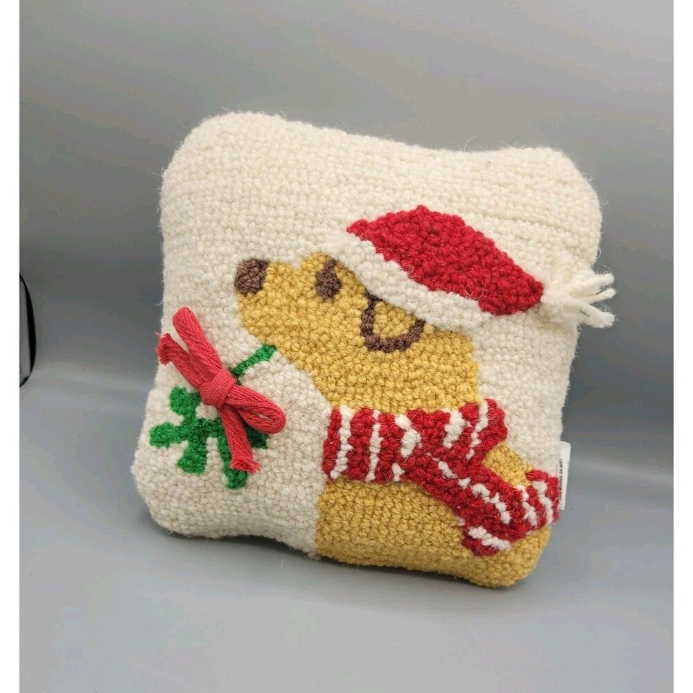 Mud Pie Golden Dog 8 Inch Hooked Pillow With Santa Hat, Scarf And Holly